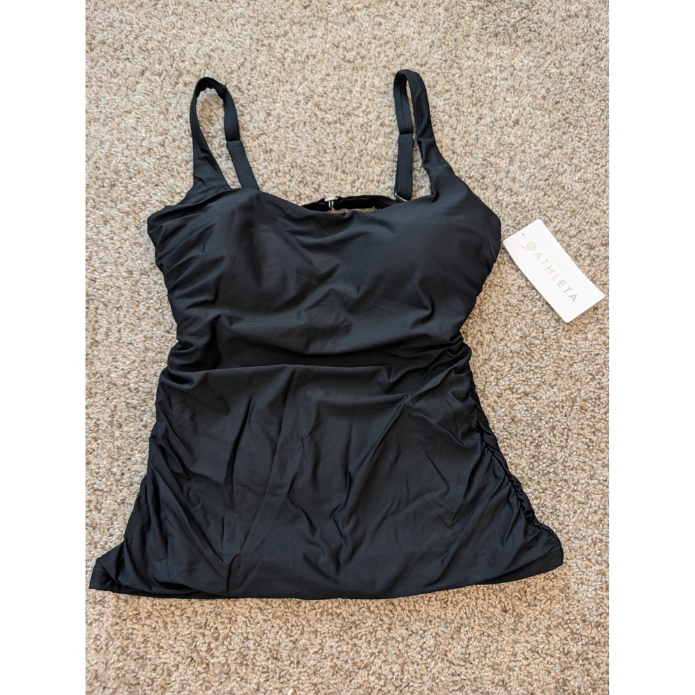 Athleta Square Neck Bra Cup Tankini Black Ruched Swim Top 36D/DD NWT